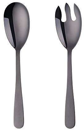 BISDARUN 12 Inches Salad Spoon and Fork Sets，Stainless Steel Salad Server Sets, Cooking Utensils for Kitchen, Simple and Classic Dishwasher Safe (Black)
