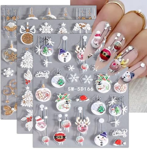 JMEOWIO 3D Nagelsticker Weihnachten Nail Art Sticker Selbstklebend Nagelaufkleber 5D Stereoskopisch Glitzer Schneeflocke Winterurlaub Niedlich Dekoration Nageldesign Zubehör 4 Blatt
