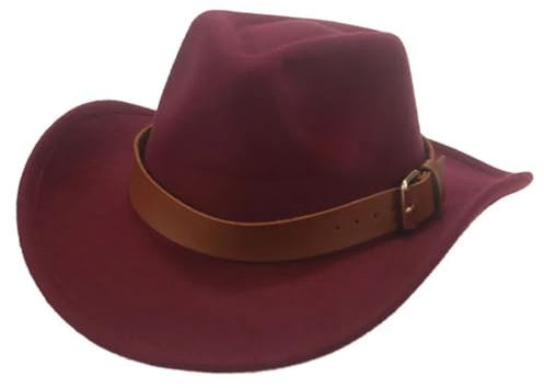 Bqxxdeo Damenhut mit breiter Krempe, Western-Cowboyband, Fedora-Hüte, Herren, Filzhüte, weinrot, 7.125
