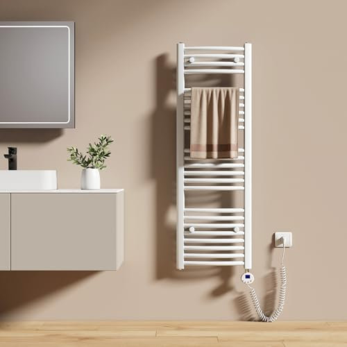 EMKE Radiador Toallero Eléctrico para Baño 120 x 40 cm, Radiador Curvado con Termostato, Calientatoallas Eléctrico, Soporte Toallero Eléctrico, Blanco, 500 Watts