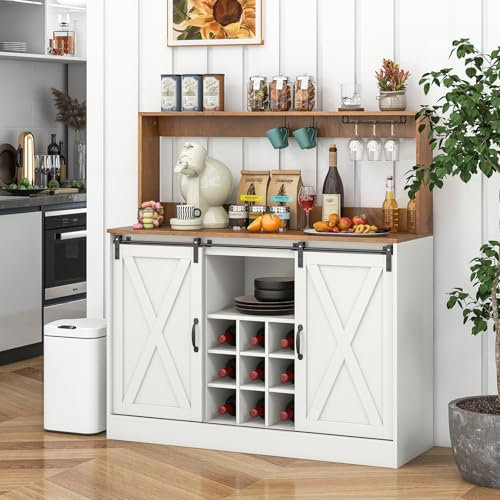 GIANTEX Buffet de cuisine avec station de charge, armoire de rangement avec 2 portes coulissantes, étagères pour 9 bouteilles de vin et supports pour verres, armoire pour salle à manger, salon