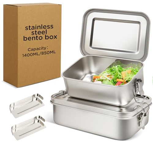 Awaiymi 2 Pack 1400/850ml 304 Edelstahl Lunch Box und Lebensmittelbehälter mit Deckel Auslaufsicheres verstellbares Fach Metall Bento Box Edelstahl Brotdose für Reisen Arbeit Picknick Erwachsene