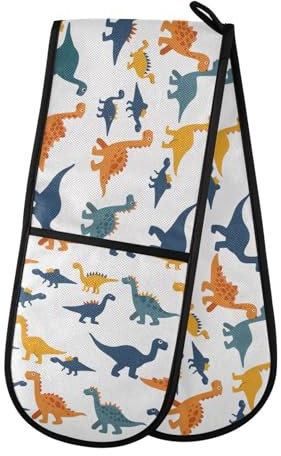 Ofenhandschuhe, doppelte Ofenhandschuhe, Dinosaurier, Dino, weiß, hitzebeständig, gesteppt, für Grillen, Backen, Küche, Kochen, Handschuhe