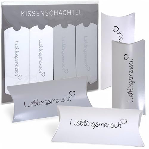 MIJOMA Geschenkschachteln Lieblingsmensch, Kissenschachteln für Geldgeschenke & Gutscheine, Geschenkboxen für Hochzeit, Geburtstag & kleine Aufmerksamkeiten (Weiß & Hellgrau, ca. 14 x 6 cm - 24 Stück)