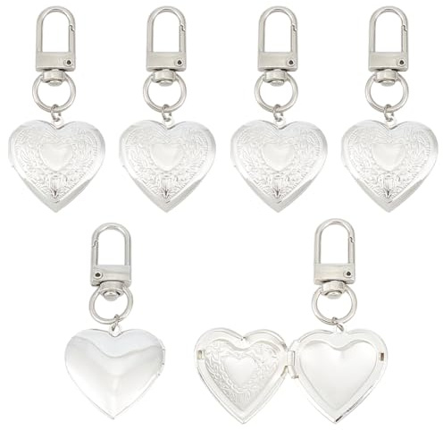 MAYJOYDIY 6 Porte Clés Médaillon Cœur Argenté 6.4cm Pendentif Cœur Vintage Souvenir Photo pour la Fabrication de Bijoux la Fête des Mères la Saint Valentin les Loisirs Créatifs