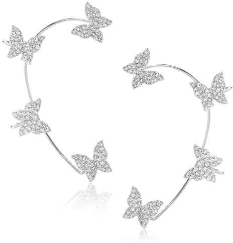 Lotsdonxia 2 PCS Butterfly Ear Cuff Earrings - Adjustable Silver Rhinestone Ear Clips for Women & Girls | No-Piercing Vintage Jewellery for Parties & Events