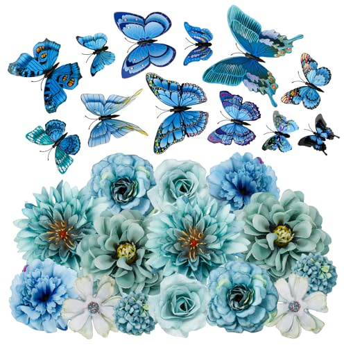 MWOOT 26 Stück Künstliche Blumenköpfe 3D Schmetterlinge, Kunstblumen Schmetterlinge Deko Klein für Handwerk, Gefälschte Rosen Nelke für DIY Kranz Kuchen Hochzeit Party Haus Garten Dekoration(Blau)