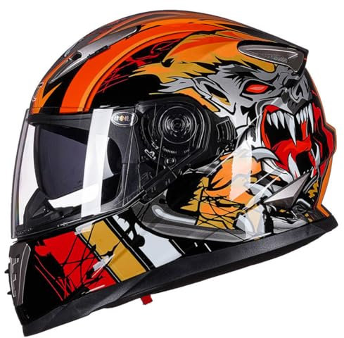 Motorrad-Integralhelme mit Doppellinsen Anti-Beschlag Atmungsaktiv Vier-Jahreszeiten-Sicherheitshelm für Erwachsene Leicht Atmungsaktiv Herausnehmbares Futter DOT Orange XL/61-62cm