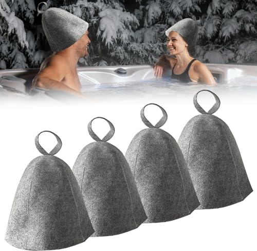 4 Stück Saunahut, Saunahüte Filz mit Haken, Sauna Hut Sauna Mütze Filzhut, Saunahut aus Wollfilz gegen Hitze, Filzkappe Saunakappe Duschkappe Badekappe Duschhaube für Damen und Herren, Grau