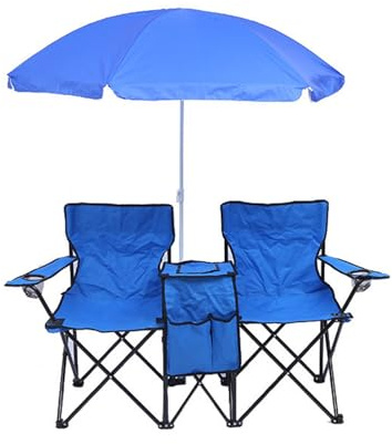 ZPVXRVQ Double Folding Camping Chair with Umbrella Fold Up Table Beverage Holder Carrying Bag Cooler for Camping,Beach, Fishing