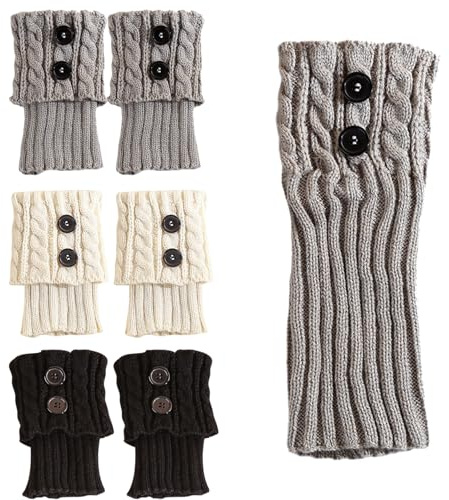 TYXHXTF 3 Paires Bouton Crochet Jambières Guêtres Tressés Tricots Legging Chaussettes Femme Boot Cover Protège Jambes Courts, Guêtres Courtes pour Femmes Tricotées avec Motif Torsadé et Boutons