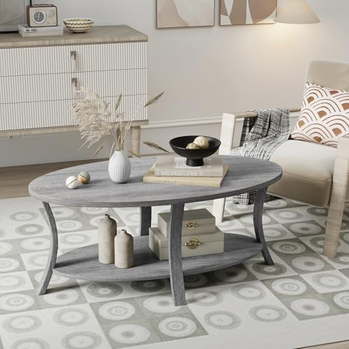 GOPLUS Mesa de Café Ovalada, Mesa Decorativa de Madera de Caucho con Estante de Almacenamiento Abierto, Mesa de Centro de 2 Niveles con Patas de Soporte Robustas para Sala de Estar Estudio (Gris)