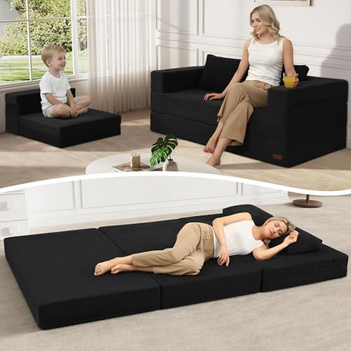 MeMoreCool Cord Schlafsofa, Klappbares Bodensofa 2-Sitzer, Schwarz | Faltbares Futon Sofa mit Kissen und Schlaffunktion, Ideal für Wohnzimmer, Schlafzimmer und Kleine Räume