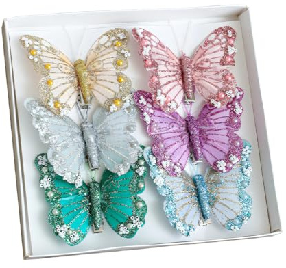 Natalizia Farfalle Decorative con Clip, 3/6 Pezzi Ornamenti Glitterati a Forma di Farfalla per Albero di Natale, Riutilizzabili Ornamento Farfalle Regalo Fai Da Te, per Matrimoni e Vacanze, Ghirlande