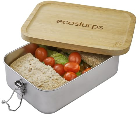 EcoSlurps Large Stainless Steel LunchBoxes & leakproof Bamboo Lid - British designed lunchbox with 70% Recycled 304 Food-Grade Steel and clips. Plastic-Free, British leakproof Bento Box Kids & Adults
