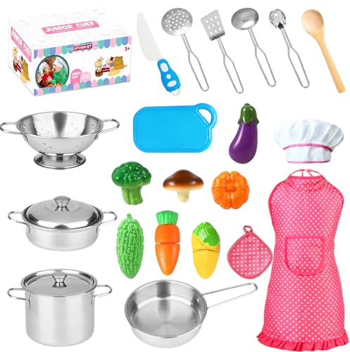 Tbintul Accessoire Cuisine Enfant, Chef Jeu de rôle avec, Dinette Enfant Ustensile de Cuisine, Jouets Fruits et Légumes à Découper, Chef Jeu de rôle pour Garçons et Filles 3 Ans