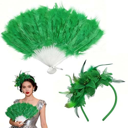 exatta 20er Jahre Accessoires Damen, Feder Haarreif+Federfächer | Grün Feder Haarschmuck mit Künstlichen Blumen, Vintage Fächer Feder, 20er Jahre Kostüm Accessoires für Karneval, Halloween