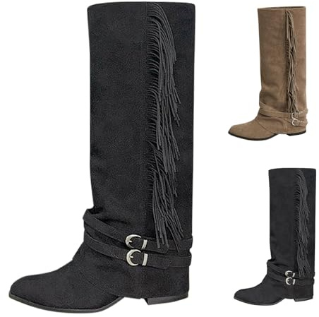 Damcowboy stövlar med fransar stövlar med klack, vikt över västerländska stövlar, slouchy vida stövlar, mode skaftstövlar, bekväma slip-stövlar, breda fötter, damstövlar, lediga vinterstövlar, svart