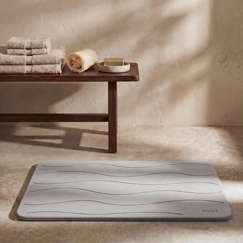 Svet - Alfombra Diatomita Baño - Secado Rápido y Ultra Absorbente, Antideslizante, Antibacteriana y Antihongos, Alfombrilla Baño Diatomita de Piedra. (Olas Gris Claro)