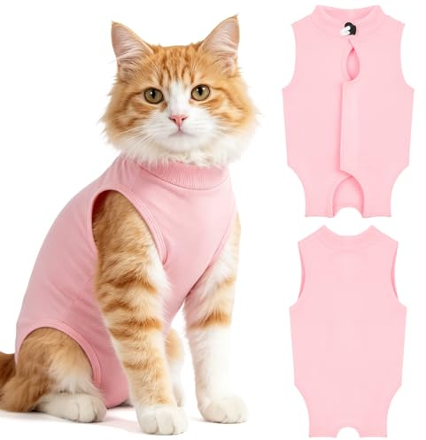 OFFCUP Combinaison de Récupération, 2 PCS Body Chat Post Operatoire, Gilet de Récupération de Chat Femelle Male, Protection Contre Le Léchage Convient Plaies Abdominales ou Maladies de Peau, Rose/L