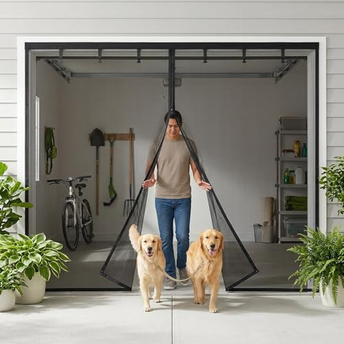 Zanzariera per 2 Porte per Garage Auto, 2.4x2 2.9x2.10m Schermo Magnetico Anti Zanzare Tenda Zanzariera Mani Libere Rete in Fibra di Vetro Resistente per Garage Balcone Terrazze(Nero,340x230cm)