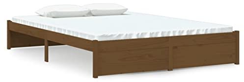 Qnhdfrt Massivholzbett 140x190 cm, Bettgestell aus Kiefernholz in Honigbraun, Stabiler Bettrahmen für Schlafzimmer, Rustikales Holzbett mit Lattenrost, Modernes Design 195,5 x 145,5 x 31 cm