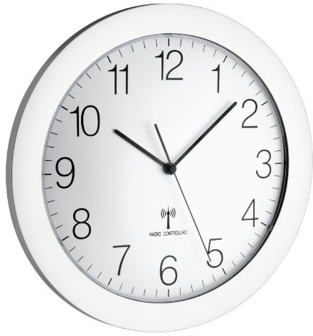 TFA Dostmann Design Funk Wanduhr, Funkuhr, groß, als Küchenuhr geeignet, geräuscharm, silber, 60.3512.02, L 302 x B 47 x H 302 mm