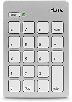 iHome Wireless Bluetooth 3.0 Slim Numeric Keypad Wide 20-Keys, Compact and Portable for Mac - Silver (IMAC-A201W)