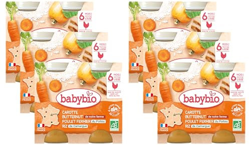 Babybio - Petits Pots Carotte Courge Butternut Poulet Riz 2x200g - 6+ Mois - BIO - Lot de 6
