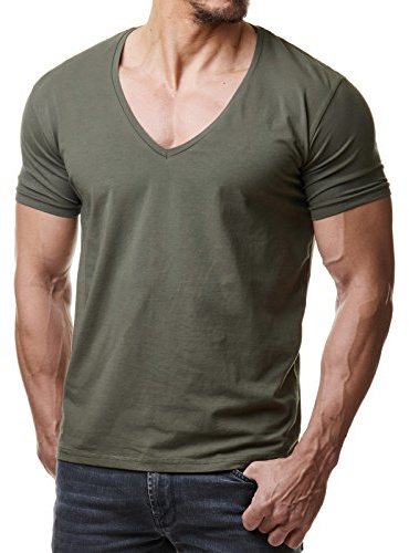 Re Rock Young & Rich - Camiseta para hombre, en 12 colores, con cuello de pico, corte ajustado y monocolor - tallas de la S hasta 3XL verde XL