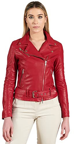 D'Arienzo Chiodo Pelle Rossa Donna Biker con Cintura Vera Pelle Made in Italy Chiodo Rosso/XL