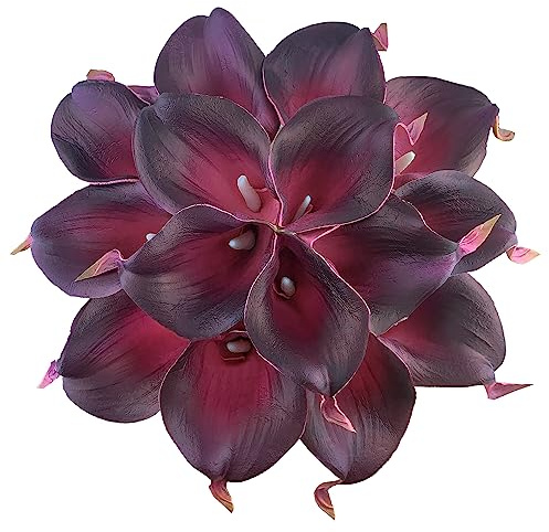 ZGPEPEXIA 15 Pcs Real Touch Calla Lily Artificial Flowers Wedding Bridal Bouquet Home Décor Party (Dark Plum Purple)