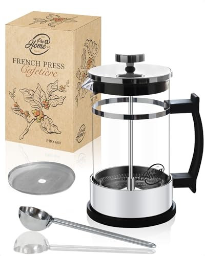 Pro@Home43 Cafetera de prensa francesa 0,6L para 4 tazas (también 0,35L), prensa de café de cristal, cafetera y tetera, incl. cuchara de café de acero inoxidable y caja de regalo