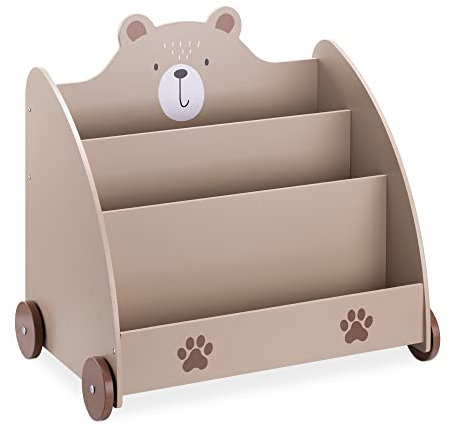 Navaris Bücherregal für Kinder - Kinderzimmer Regal für Bücher und Spielzeug aus Holz - 60 x 58 x 40 cm - Buchregal mit Rollen - Organizer Braun Bär