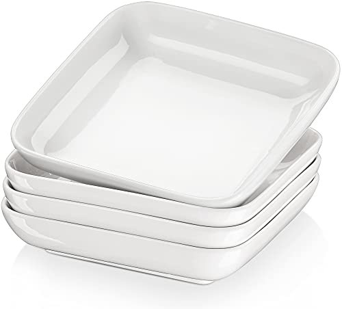 MALACASA, serie Ivy, plato hondo de porcelana, plato de sopa, 4 piezas platos hondos blancos, platos cuadrados, 20,5 cm, 900 ml