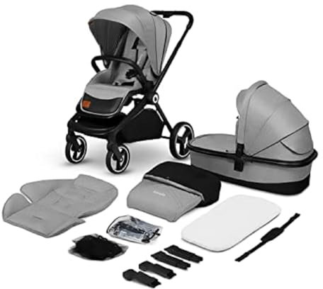 LIONELO Mika 2in1 Kombikinderwagen. Babywanne, Kinderwagen, Buggy. Regenschutz, Schultergurt zum Transport, Matratze, Moskitonetz, Fußabdeckung, wasserdichtes Material, Gummiräder (GREY STONE)