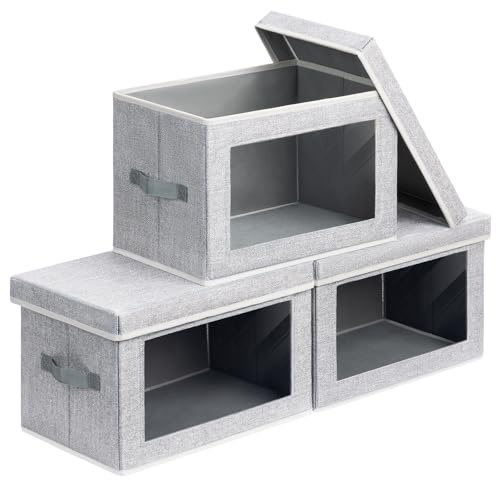 Homsorout 3 Pack Storage Boxes with Lids Foldable Storage Cubes with Transparent Window Fabric Storage Organiser Box for Toys, Clothes, Books, Wardrobe, Closet, Office