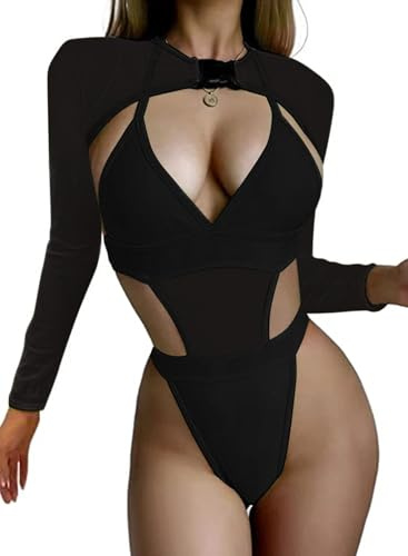 Ella Lust Rave-Outfits für Frauen sexy Club-Party Netz-Schnalle Bauchfreies Top Neon-Bodysuit Badeanzug EDC Konzert Festival 2-teiliges Set(Black,S,1017r)