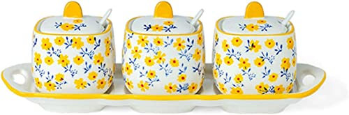 Pot en céramique, sucrier à motif dessiné à la main avec couvercle, pot à sucre en forme de tasse à thé en céramique, accessoires de café, bec verseur à sucre, pots d'assaisonnement Red-one (Color : R