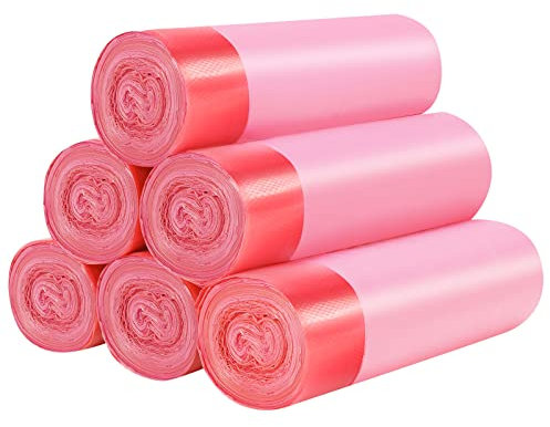 HDY - 6 rollos de bolsas de basura pequeñas con cordón de 4 galones de grosor para cocina, baño, dormitorio, hogar, oficina, 120 unidades (rosa)