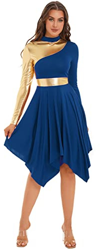TiaoBug Abito da Ballo Balletto Latino Donna Vestito da Danza Lirica Contemporanea con Orlo Asimmetrico a Maniche Lunghe Costumi di Danza Classica Moderna Abito da Liturgico Blu XL
