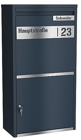 Graviers Design Paketbriefkasten personalisiert freistehend - pulverbeschichteter Stahl mit Edelstahl Namensschild Gravur Schnitt - Briefkasten Rückholsperre Postbox für Pakete Paketbox Design 2