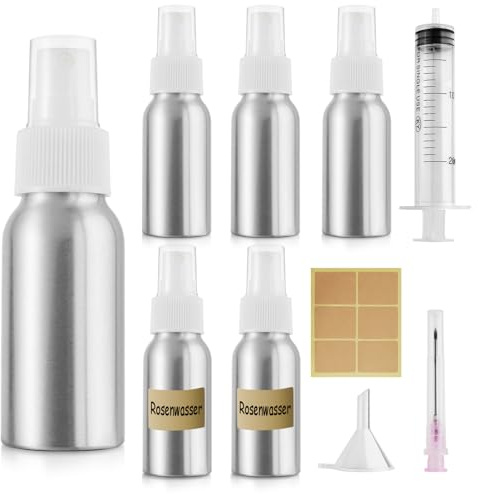 Furuising 5 Piezas Bote Spray Pulverizador de Aluminio, 50ML Niebla Fina Spray Bottle, Reutilizables Botellas de Spray de Vacío con 20ml Jeringa, Embudo para Agua, Cosméticos, Viajes, Limpieza