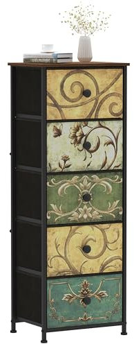 VEDECASA Kommode mit 5 Schubladen aus Stoff Hoch Schmal Komodenschrank Böhmische Schminktisch Aufbewahrungsschrank für Schlafzimmer Industrieller Schrank für Wohnzimmer Kinderzimmer Flur