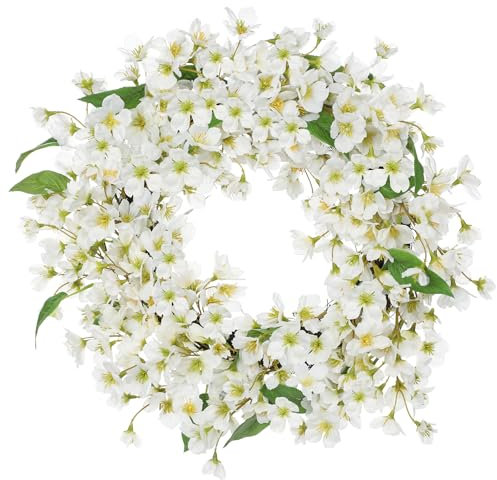 Hollyone 16inch/41cm Artificial Cherry Blossom Wreath for Front Door, Spring Floral Wreath White Fake Flower Decorations for Mantle, Window, Wall, Farmhouse