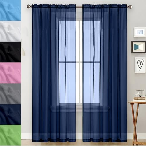 GAIFNAG Gardinen Gestreift Transparent 80 x 200 cm Transparent in Leinen-Optik Waschbar in Vielen Bunten Farben Schöne Stickerei Gardinen Fenster für Fenster, Zuhause, Terrasse, Dunkelblau