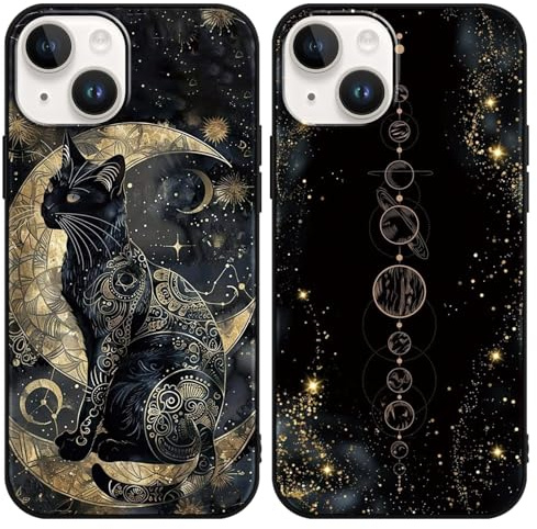 Yimctoie 2 Stück Handyhülle für iPhone 14/iPhone 13 6,1,Aesthetic Gold Mond Cat Tarotkarten Muster Hülle,Kreativität Ästhetik Schwarze Katze Case,Schutzhülle Silikon Bumper Stoßfeste Cover