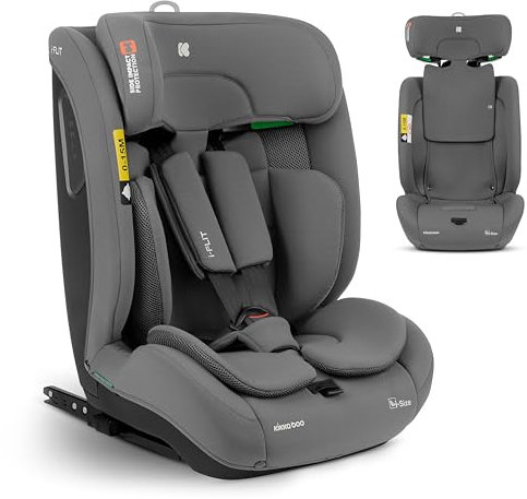 KikkaBoo i-Size i-FLIT, Kindersitz 9-36 kg ISOFIX, Autokindersitz 76-150 cm, Gruppe 1/2/3, 15 Monate bis 12 Jahre, SPS Seitenschutz, Top Tether, Verstellbare Kopfstütze, Hellgrau
