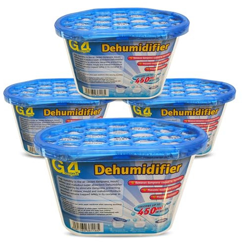 G4GADGET Pack of 4 Dehumidifiers 450ml - Moisture Absorbers for Home, Kitchen, Bathroom, Bedroom, Caravan, Office, and Wardrobe – Damp, Mould & Condensation Remover, Blue & White