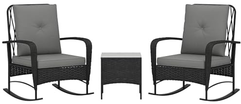 Outsunny 3 Pieces Rattan Bistro Set, Wicker Garden Furniture Set with Cushions, Glass Top Coffee Table and Rocking Chairs, Small Balcony Furniture for Outdoor, Porch, Black